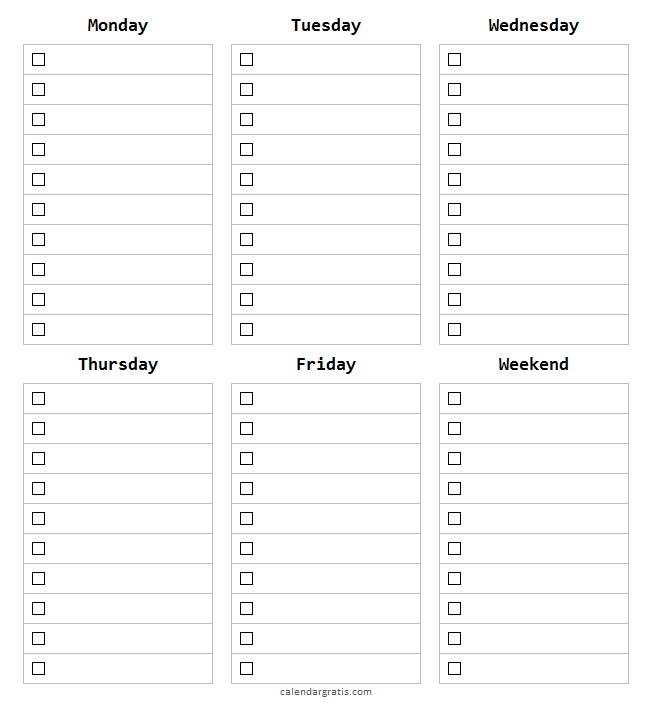 Weekly to do list template printable