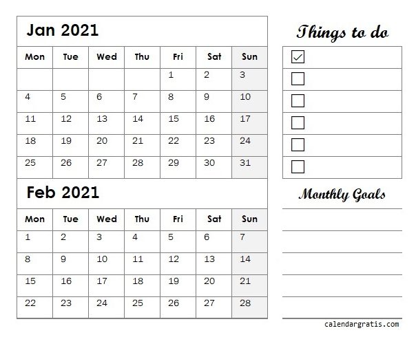 Jan Feb Calendar 2021 with Notes