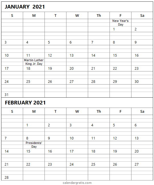 January February 2021 calendar with federal holidays