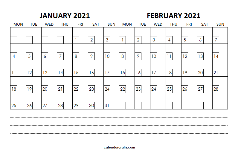 January February 2021 calendar with notes