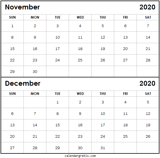 2020 November December calendar printable template