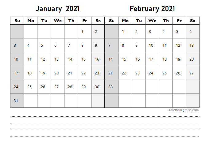 January February calendar 2021 with notes