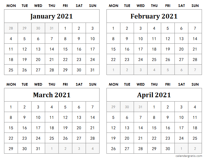January to April 2021 calendar Monday start