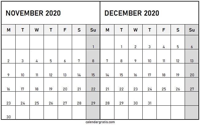 November December calendar 2020 Monday start