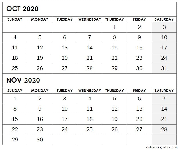 Oct Nov Calendar 2020 Sunday start template