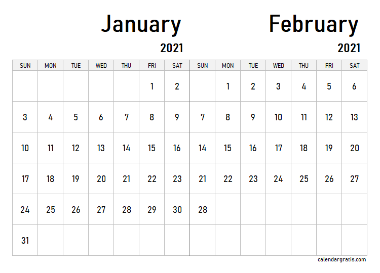 Printable January February 2021 calendar template
