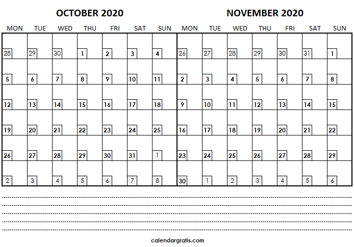 Two month calendar October November 2020 with Notes