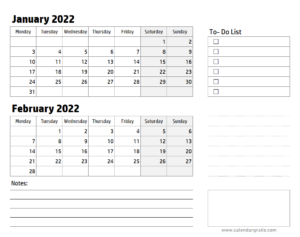 January February 2022 Calendar Printable Template | Two Month Calendar