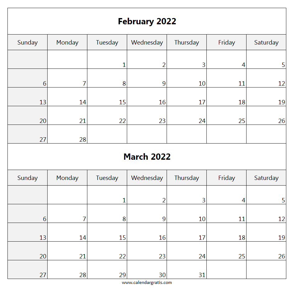 Free printable calendar February and March 2022 template