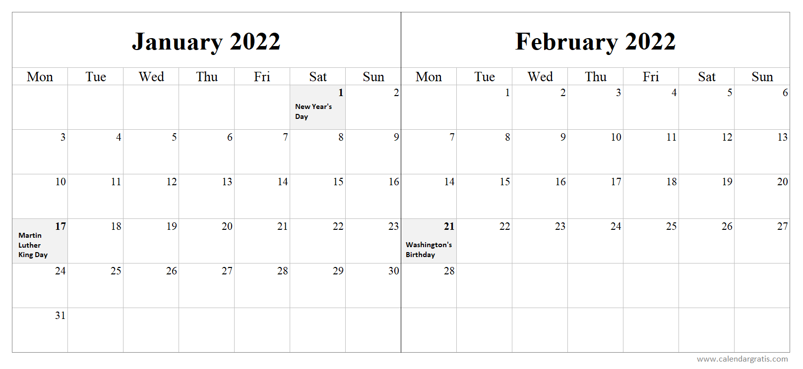 January February 2022 Printable Calendar with Holidays