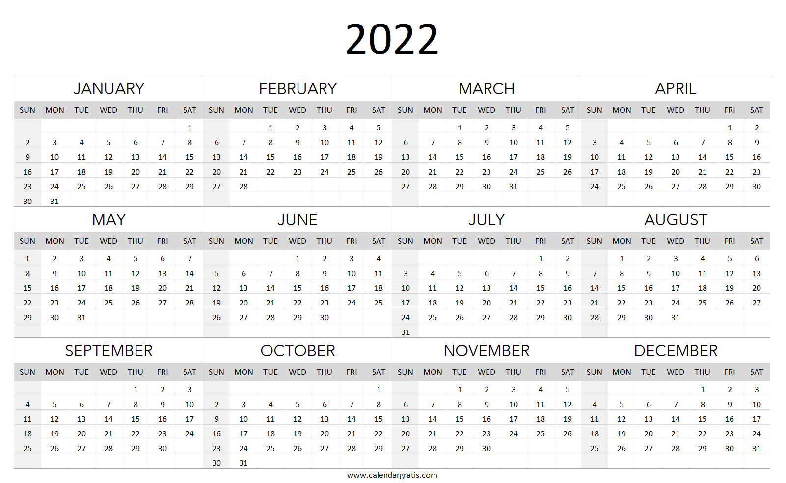Printable 2022 calendar one page template