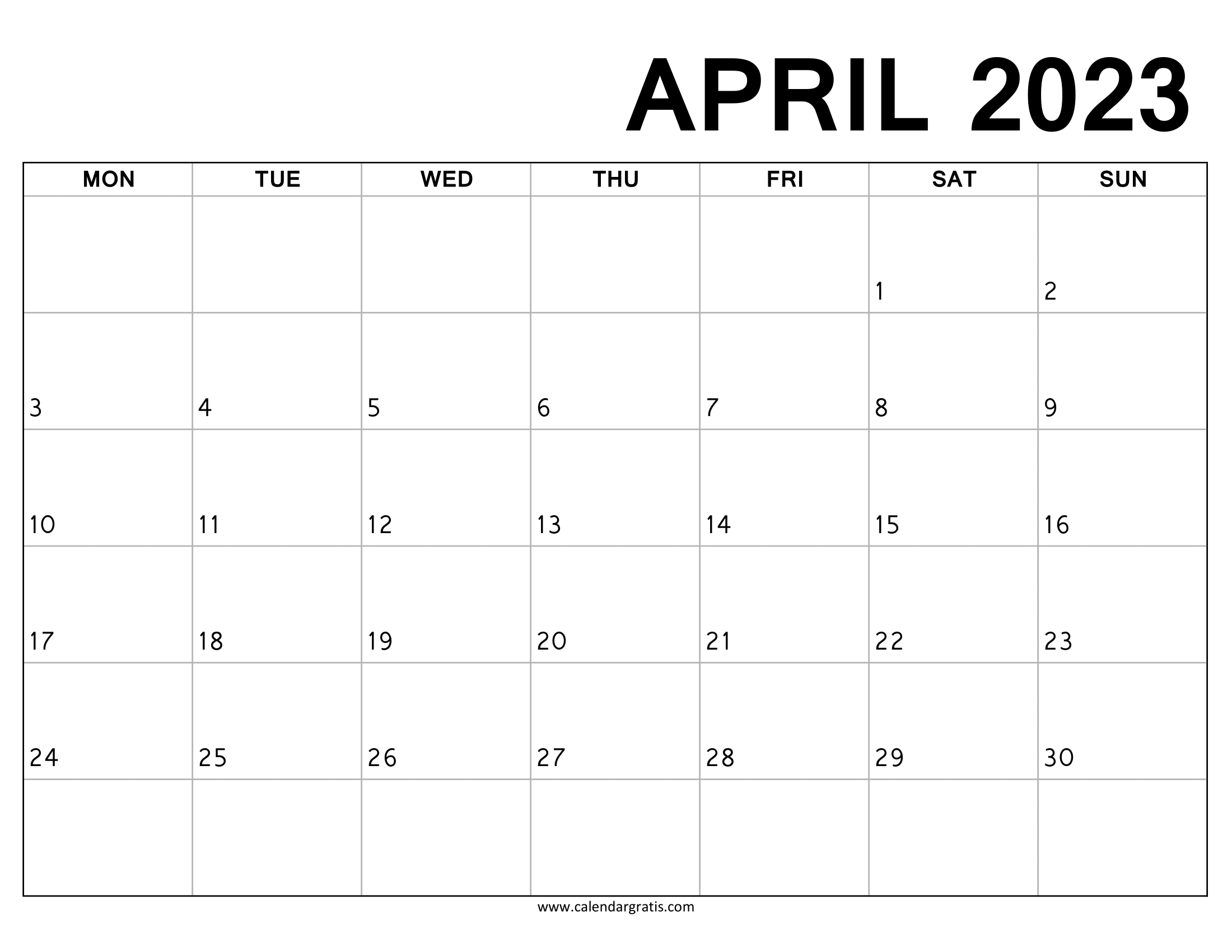 Download April 2023 Calendar Printable Monday Start, Monday to Sunday, Black and White Monthly Calendar Template.
