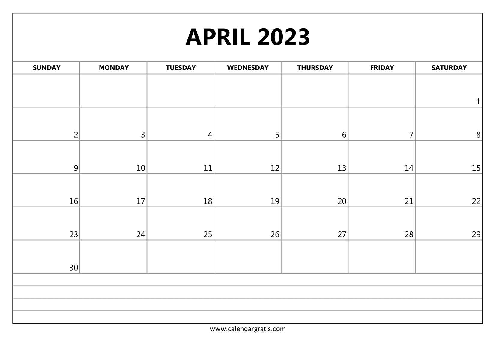 Download Free April 2023 calendar printable with notes and lines for students, teachers, office, and business.