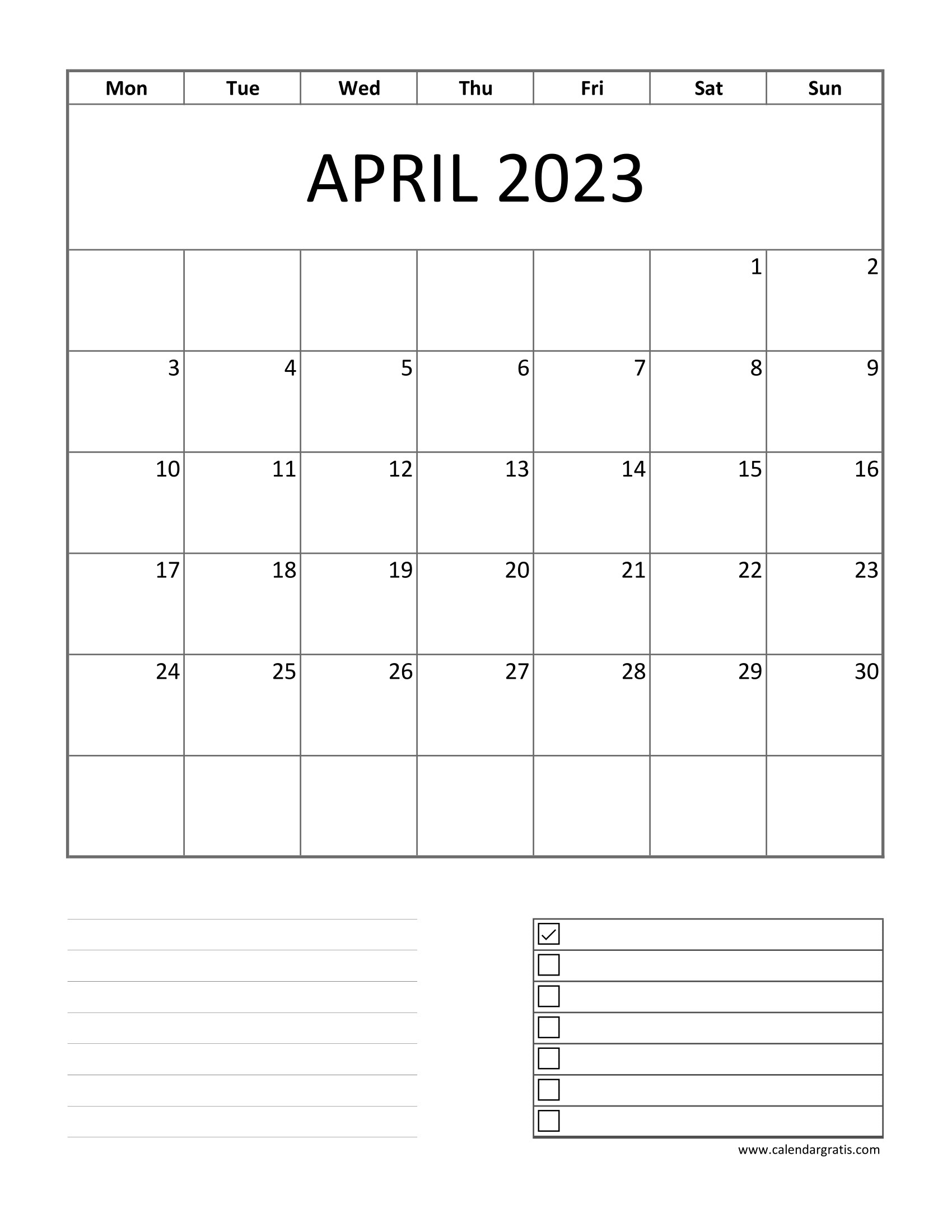 Printable Monday start calendar for April 2023 with notes section, lines, to-do list, checkboxes.