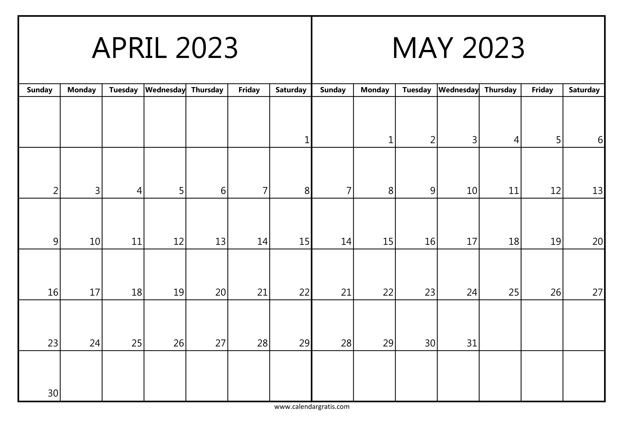 April May 2023 Calendar Printable in Horizontal Layout, Two-month Planner Template.