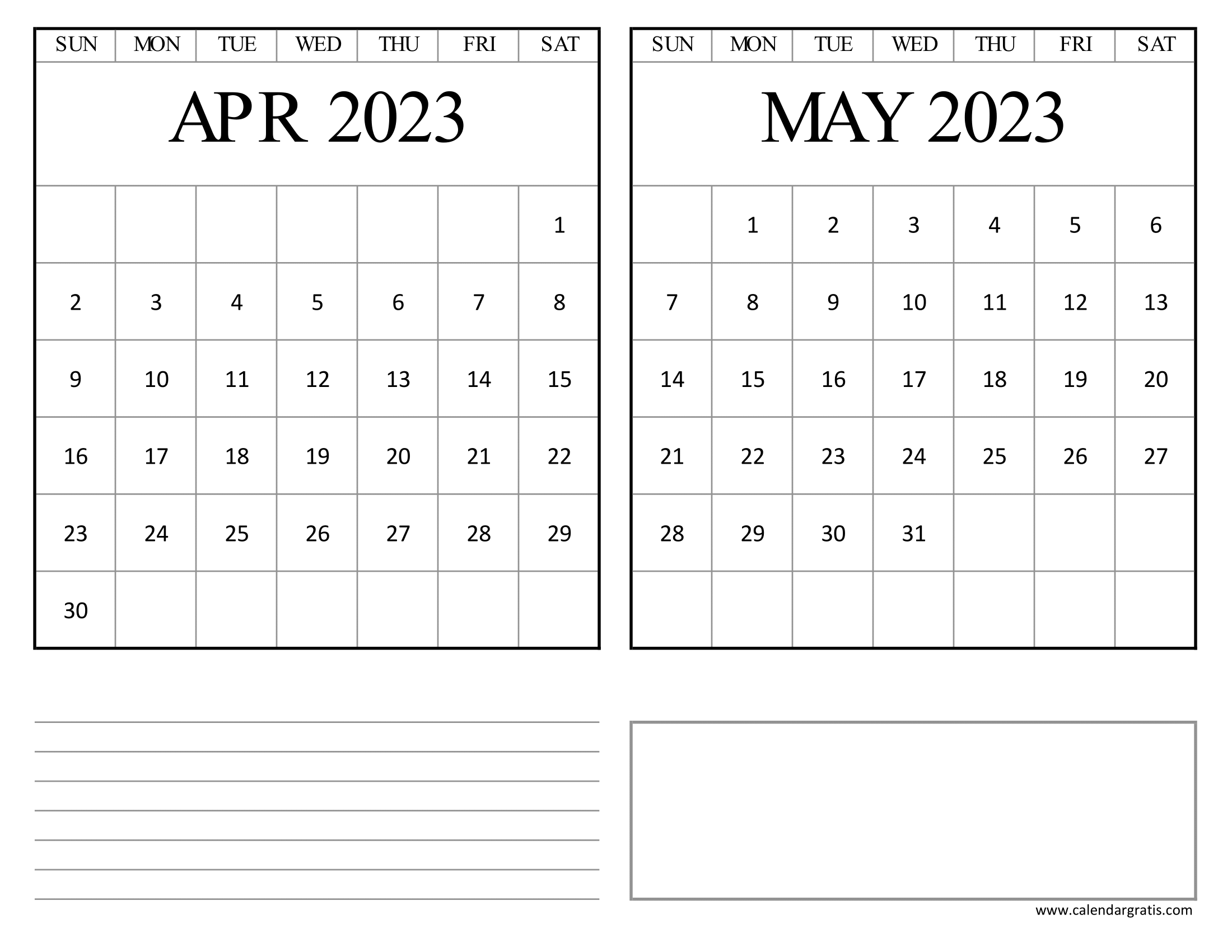 April May 2023 Calendar Printable Template Twomonth Planner to Print