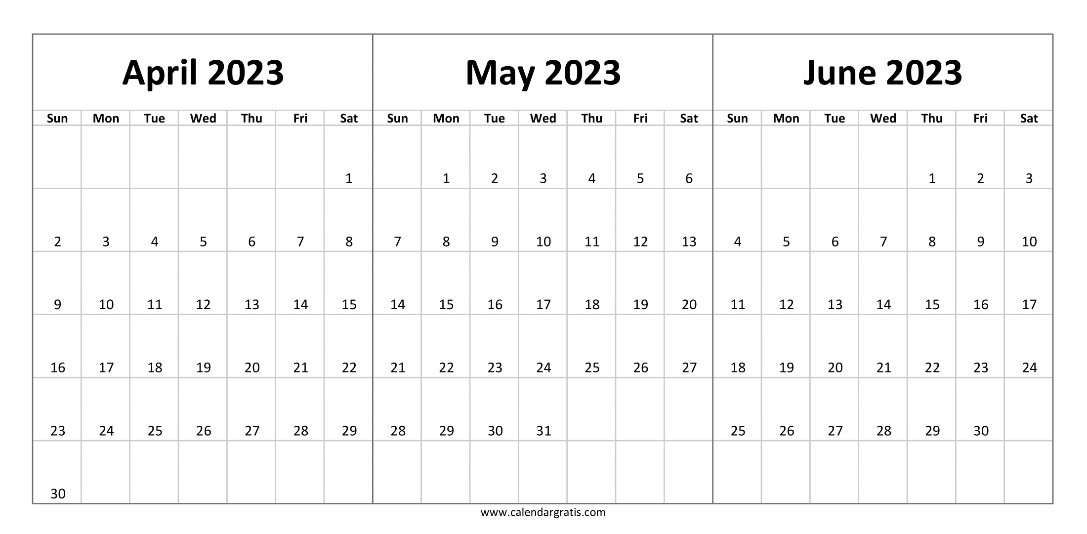 April May June 2023 Calendar Printable Template Three Month Calendar