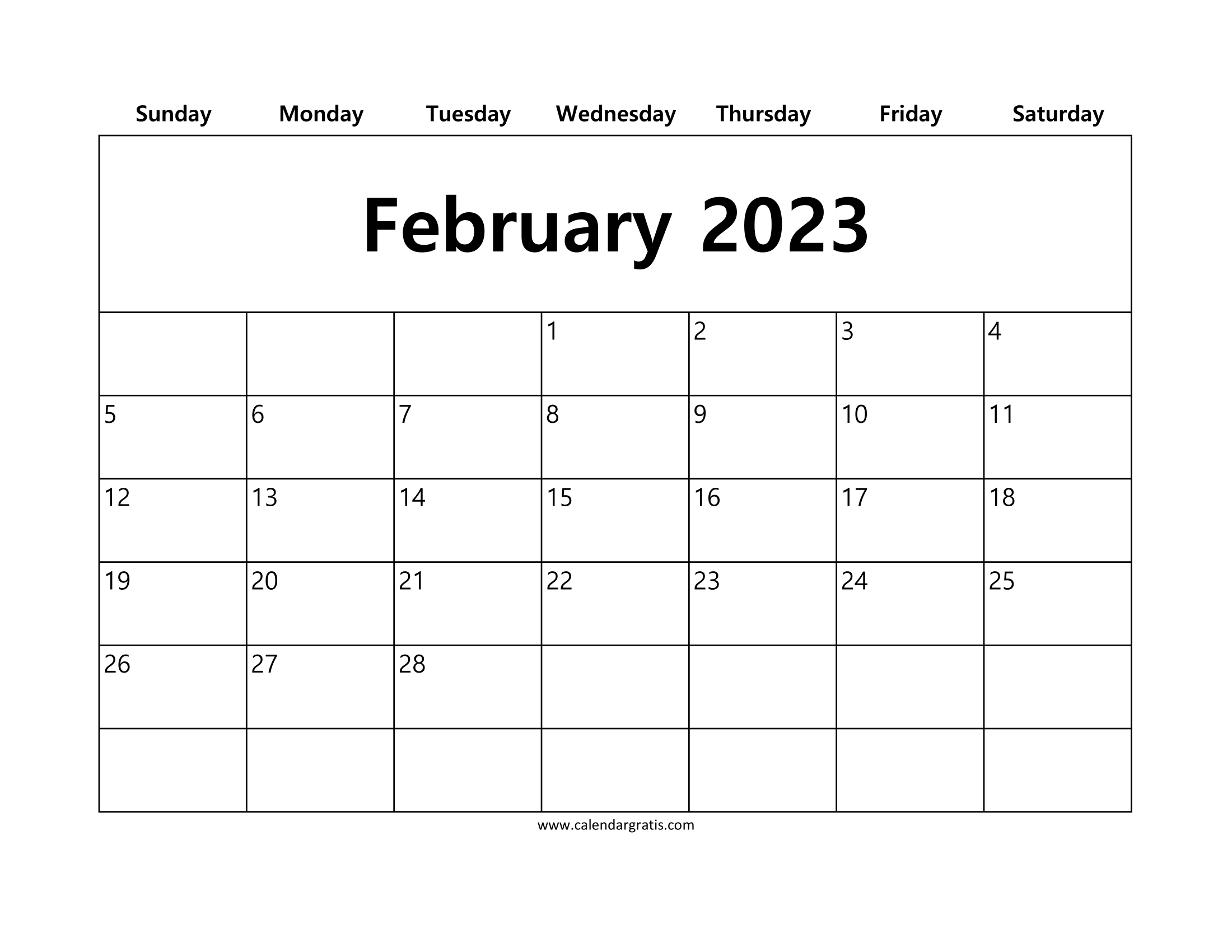 Free printable February 2023 calendar with simple white background layout.