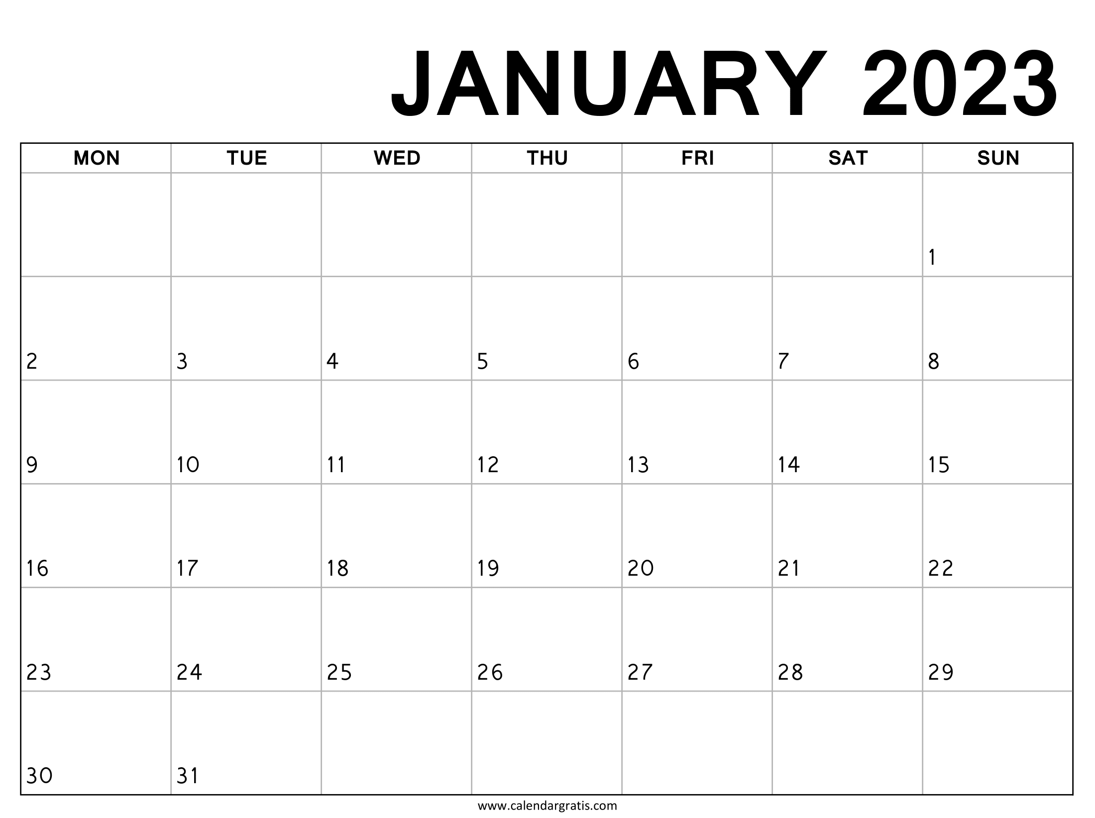 January 2023 Calendar Printable Monday Start for Employees.