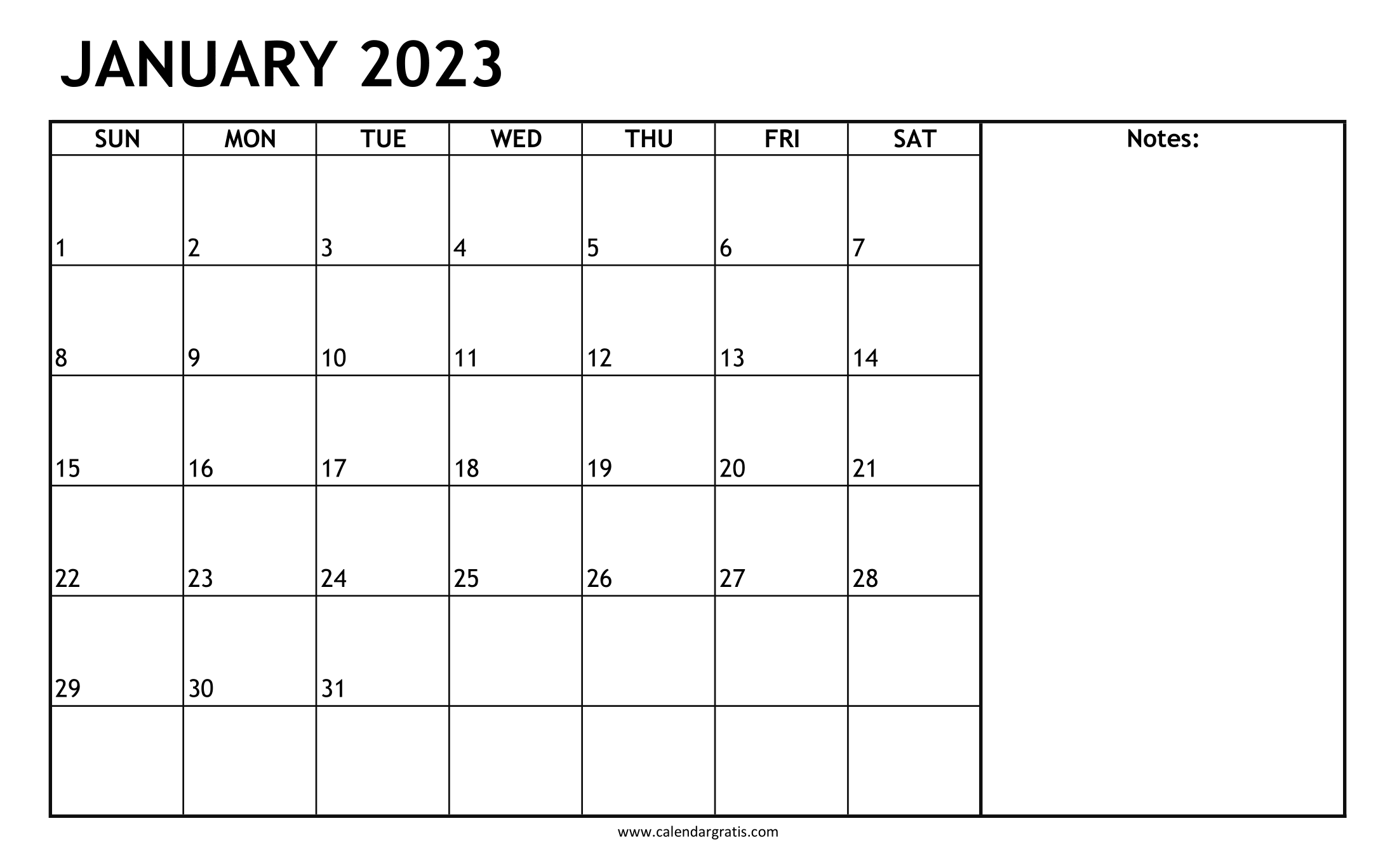 Printable Free January 2023 Calendar with Notes Section. Add Birthdays, Anniversaries, Events and Festivals.