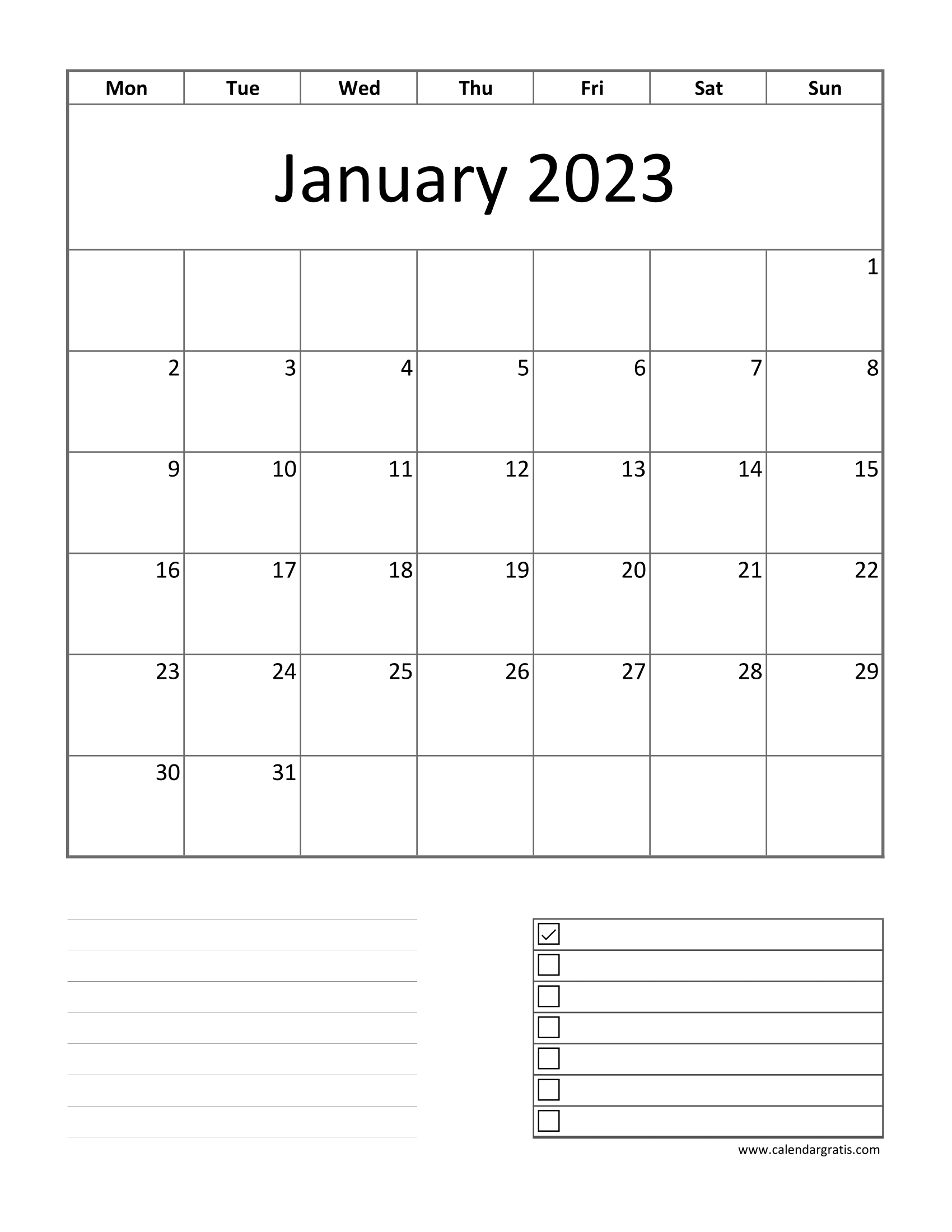 Printable Monday start calendar for January 2023 with notes and to-do list.
