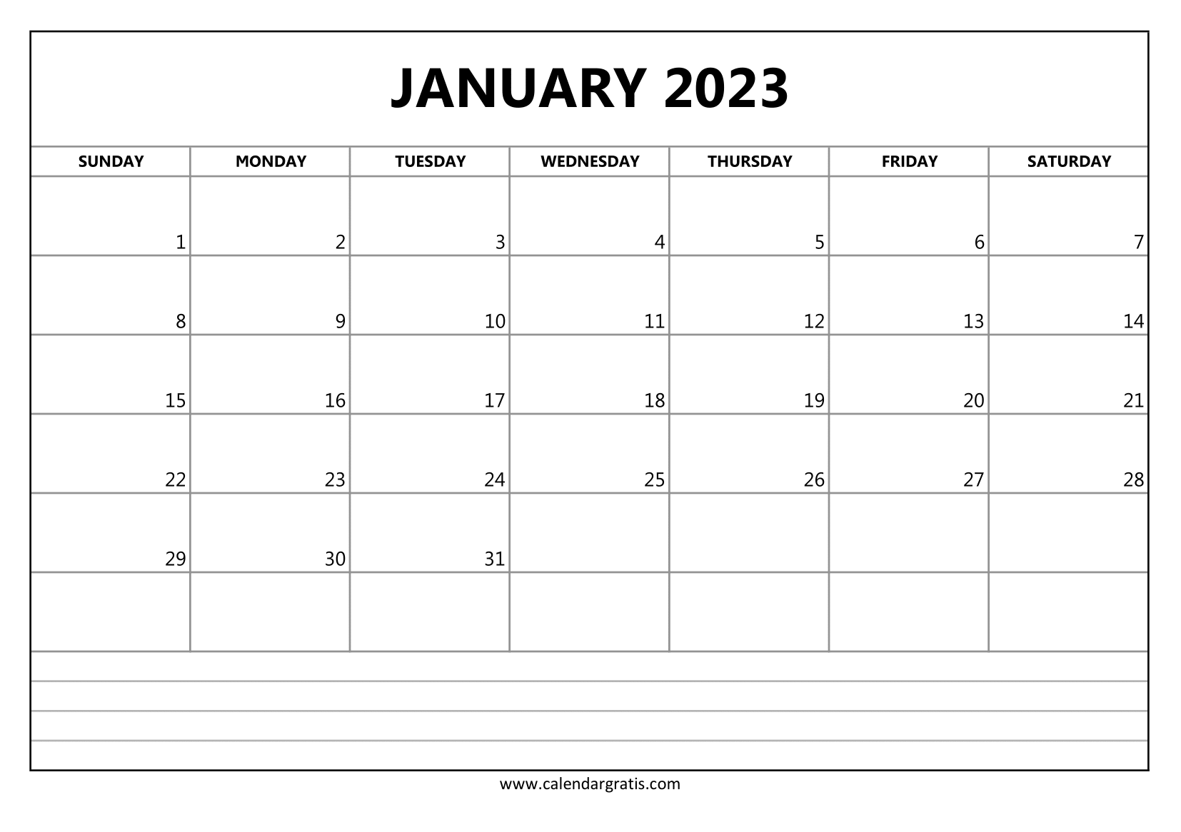 Free January 2023 calendar with notes section to print. Downloadable calendar template for students, teachers, parents, and employees.