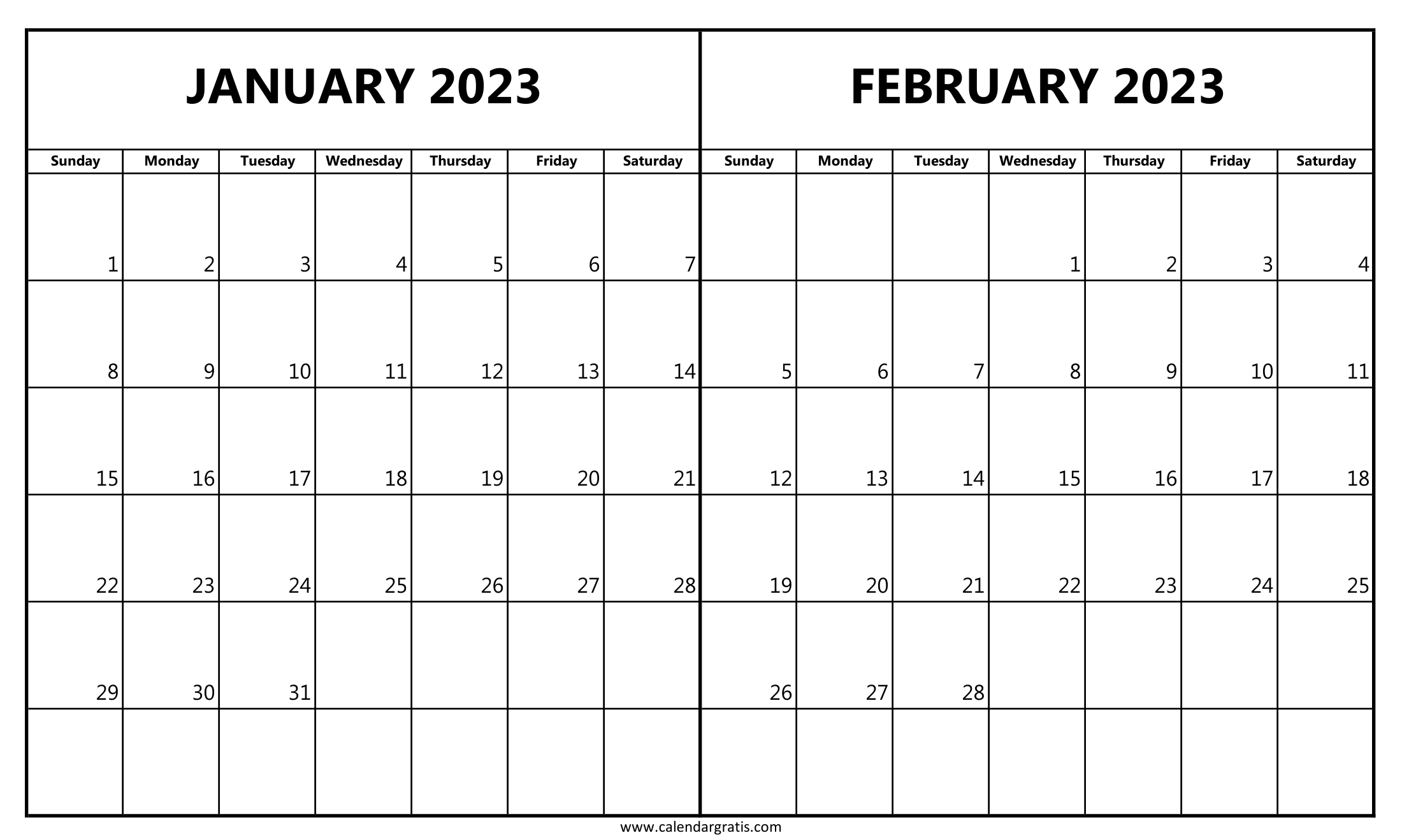 January February 2023 Calendar Printable Template in Horizontal Layout.