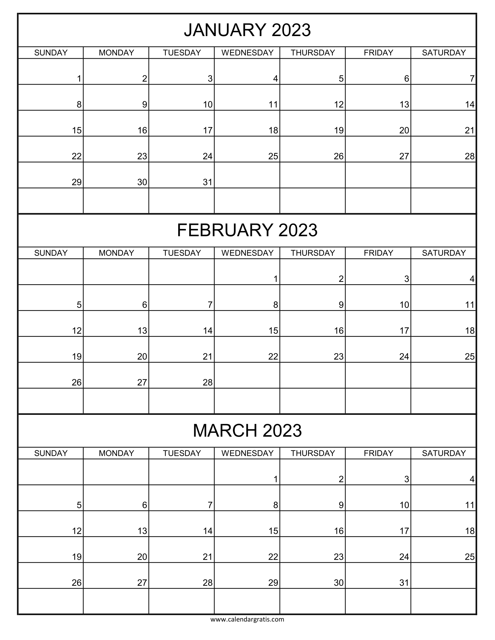 January February March 2023 Calendar Printable in Portrait Layout.