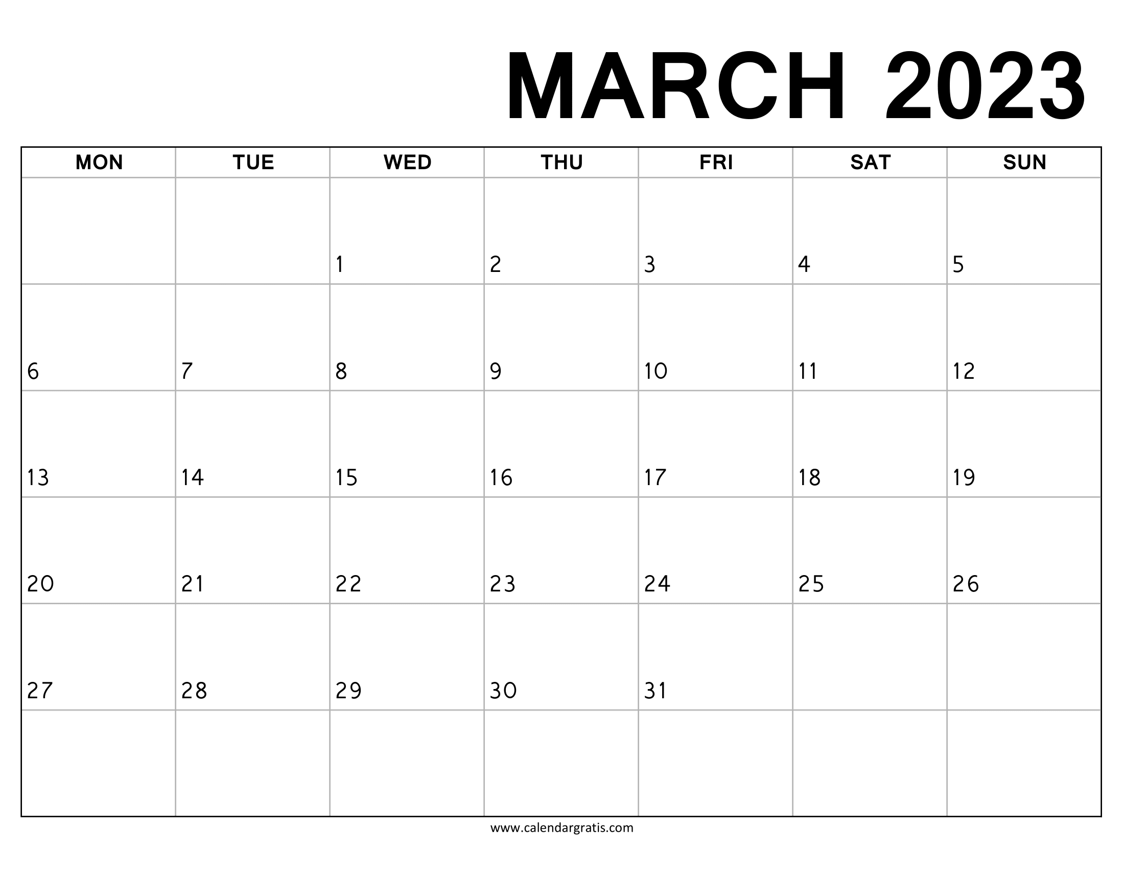 Download March 2023 Calendar Printable Monday Start, Monday to Sunday, Black and White Monthly Calendar Template.