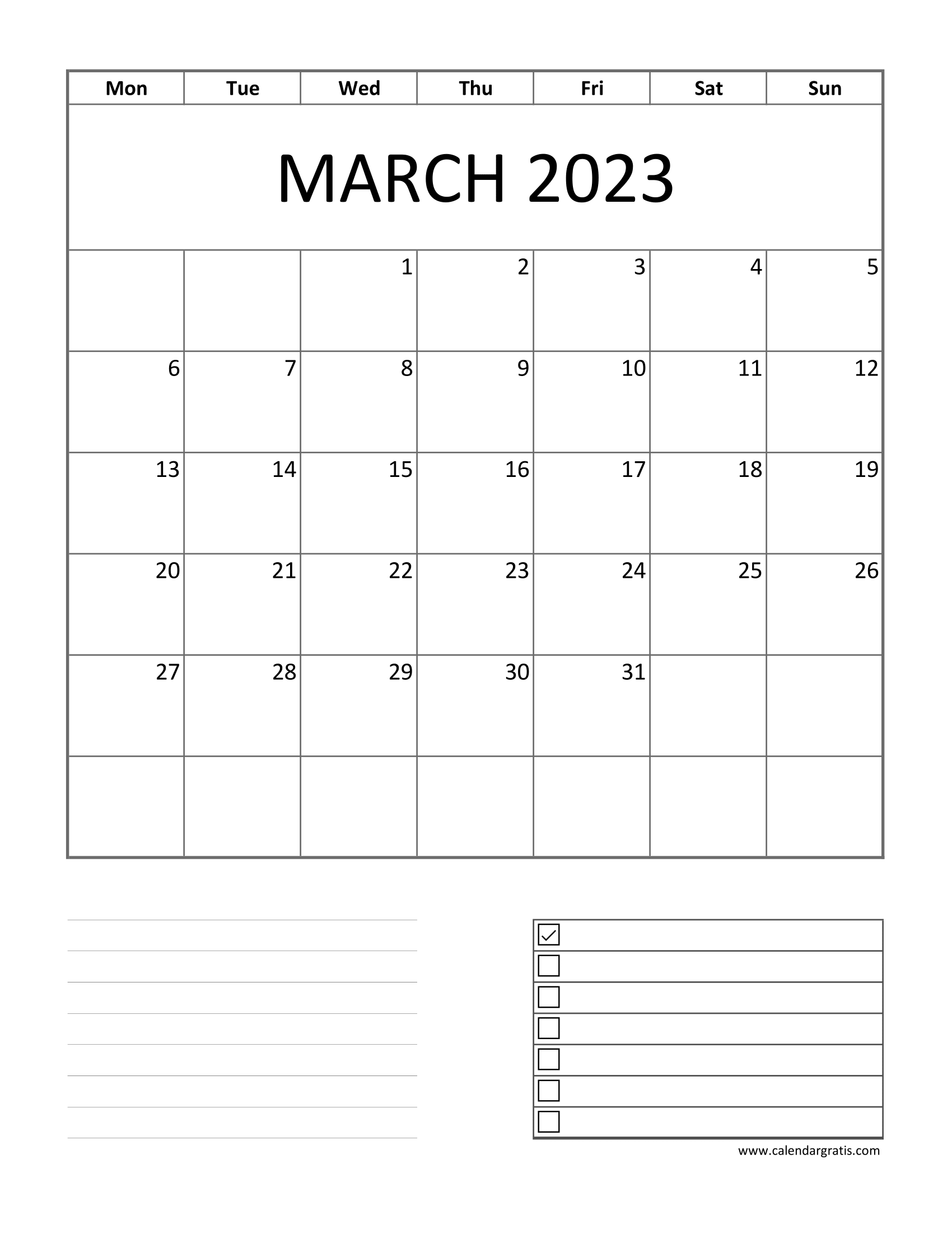 Printable Monday start calendar for March 2023 with notes section, lines, to-do list, checkboxes.