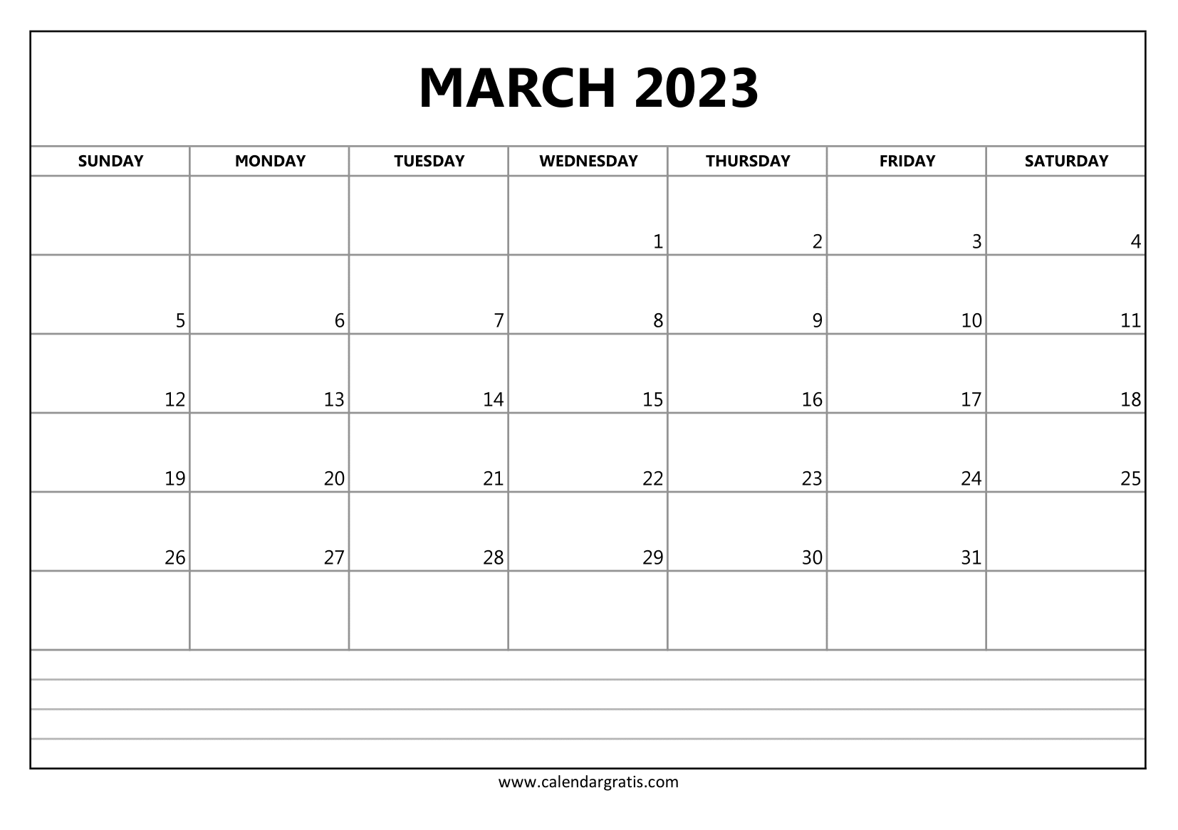 Download Free March 2023 calendar printable with notes and lines for students, teachers, office, and business.