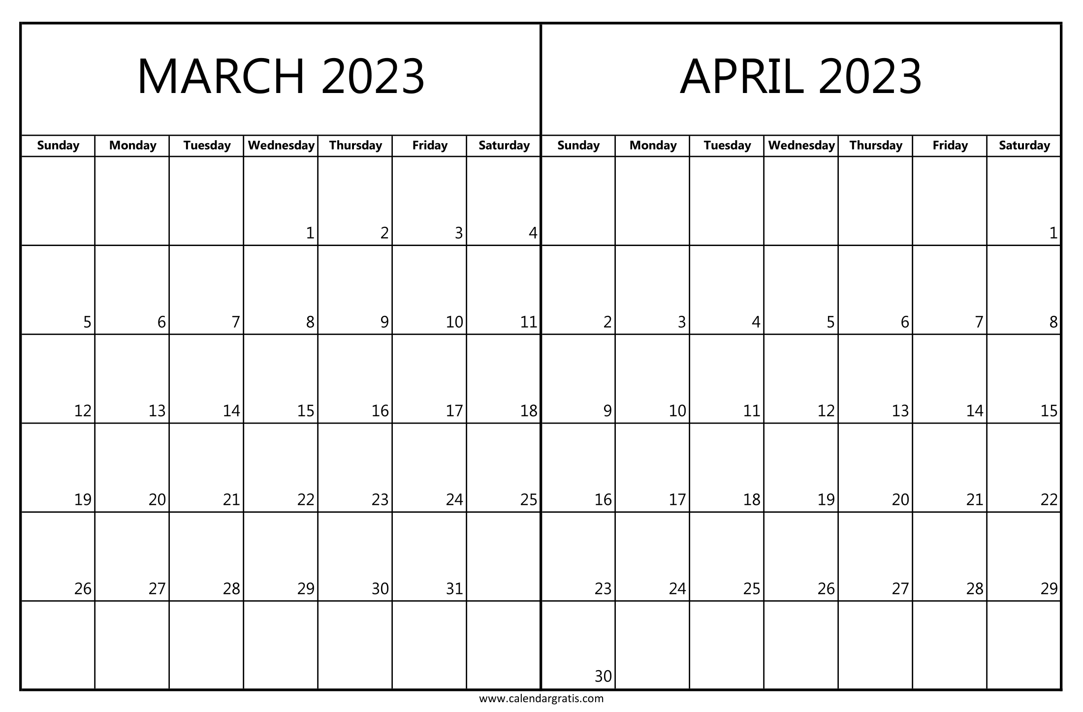 March April 2023 Calendar Printable in Horizontal Layout, Two-month Planner Template.
