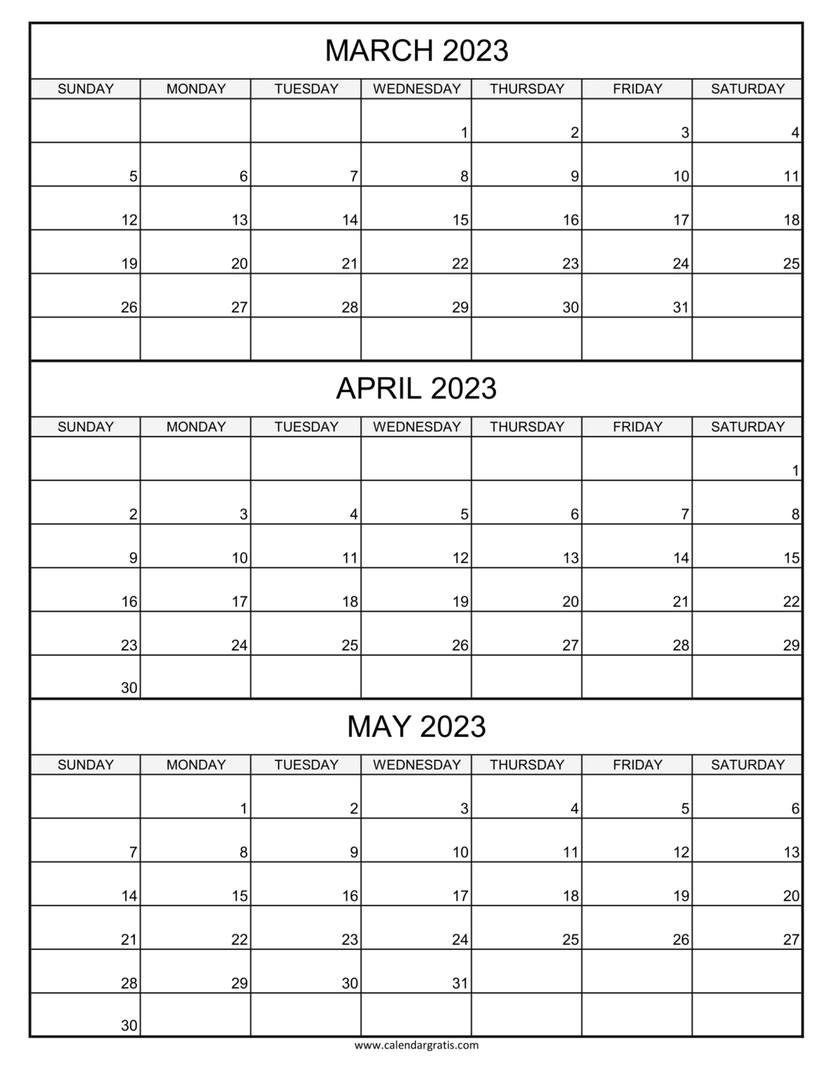 March april may 2023 calendar printable template three month calendar