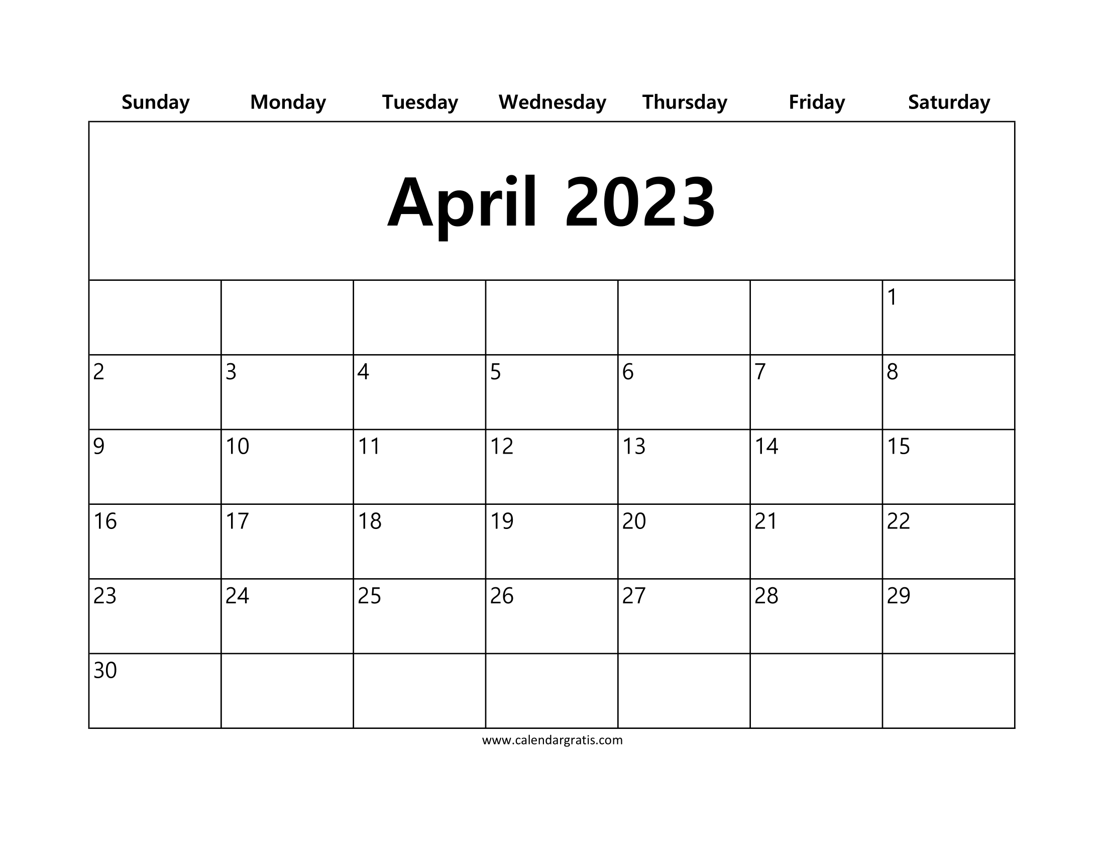 Free printable April 2023 calendar with simple white background layout.
