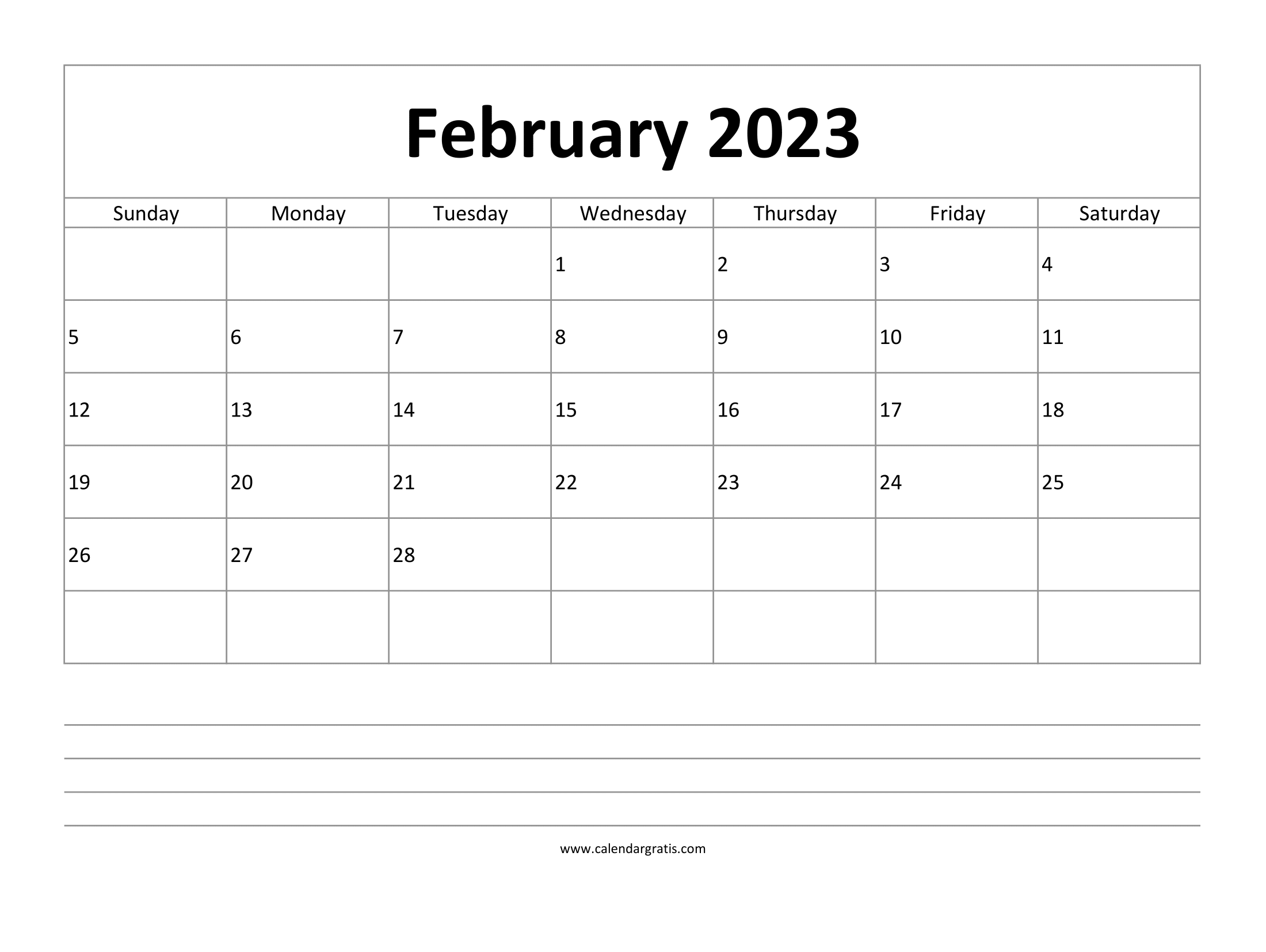 Free printable February 2023 calendar with notes, lines, to-do list, and monthly goal planner.