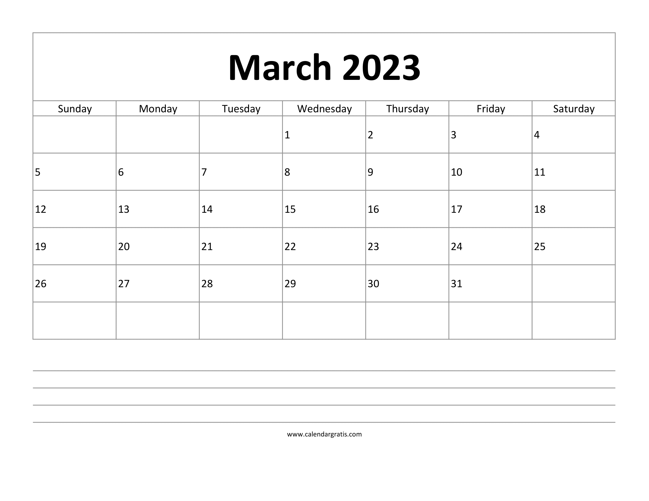 Free printable March 2023 calendar with notes, lines, to-do list, and monthly goal planner.