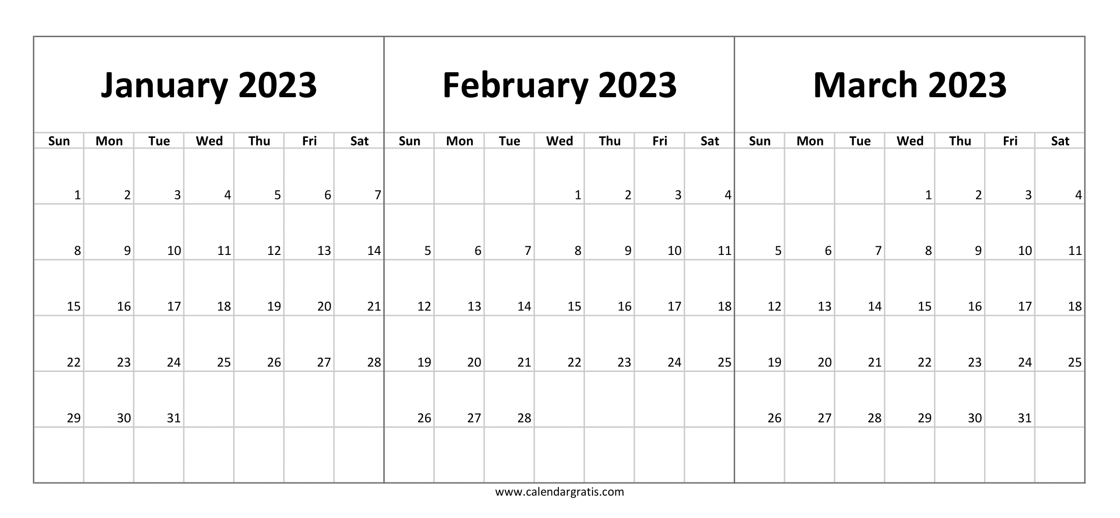 Three month calendar January February March 2023 in Landscape layout.