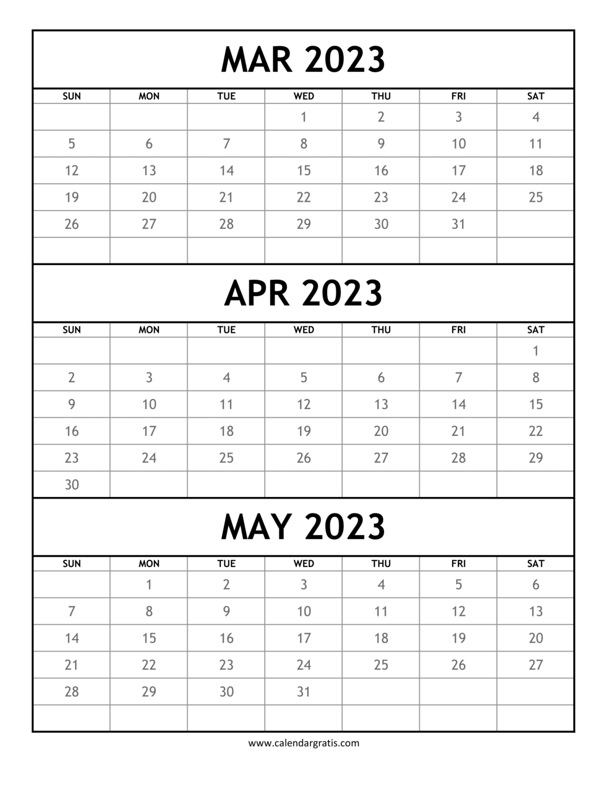 March April May 2023 Calendar Printable Template Three Month Calendar