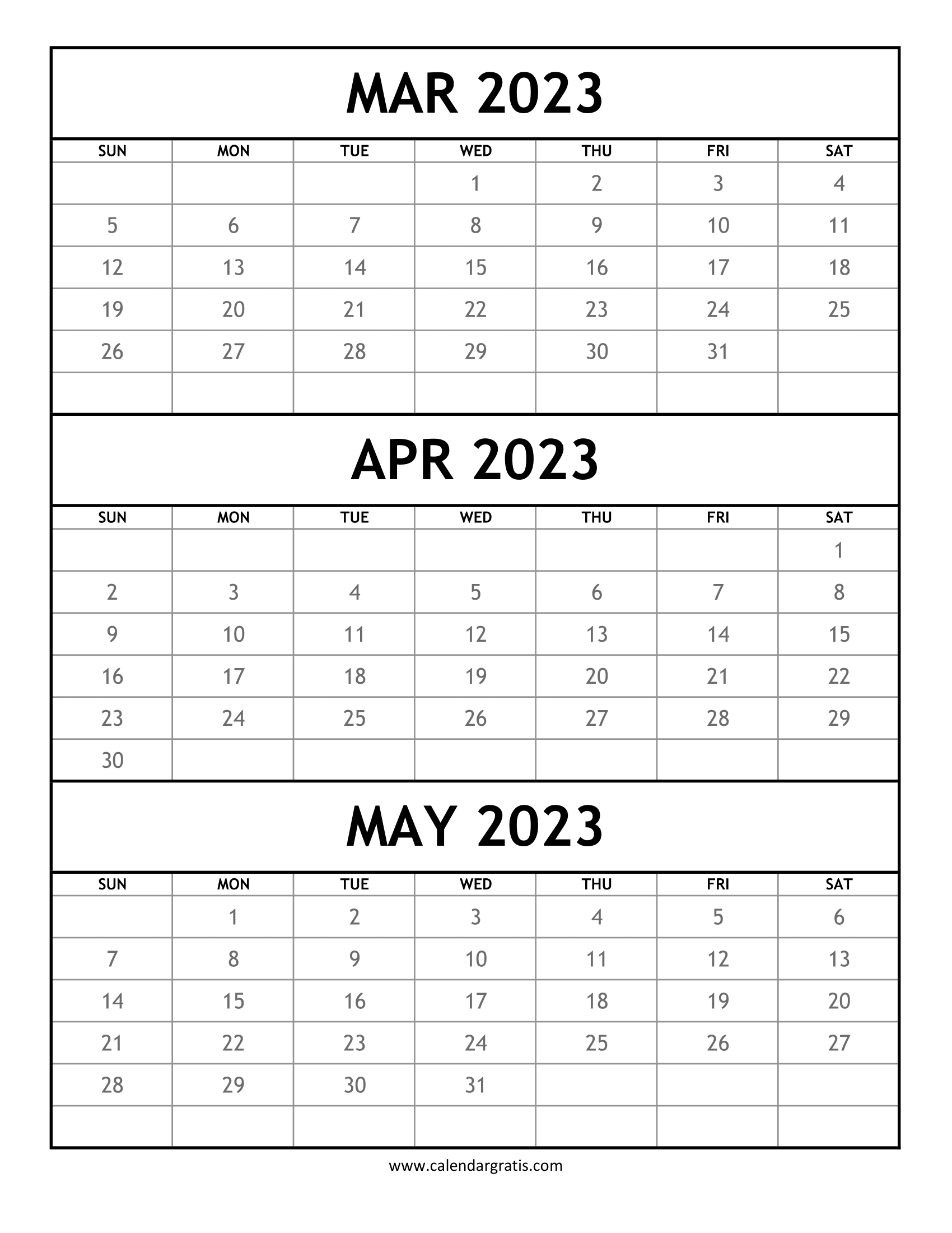 March to May 2023 Calendar printable template with simple white background layout, vertical format