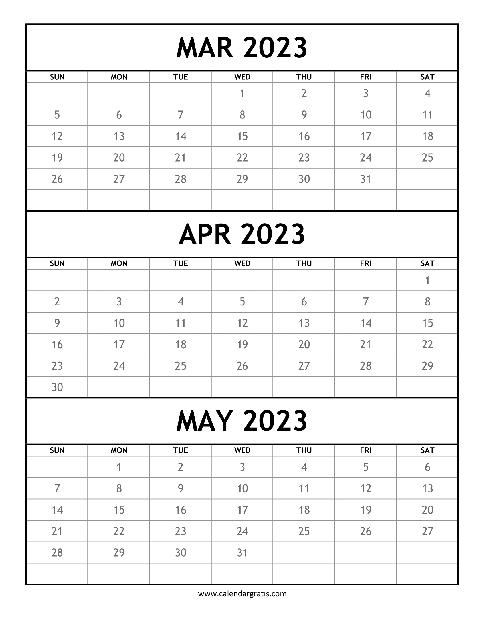 March April May 2023 Calendar Printable Template Three Month Calendar