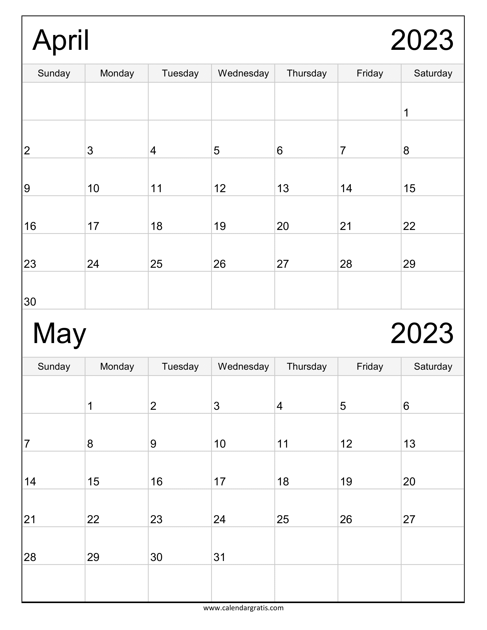 Two Month Printable Calendar April May 2023 in Portrait Layout, vertical format, simple design.