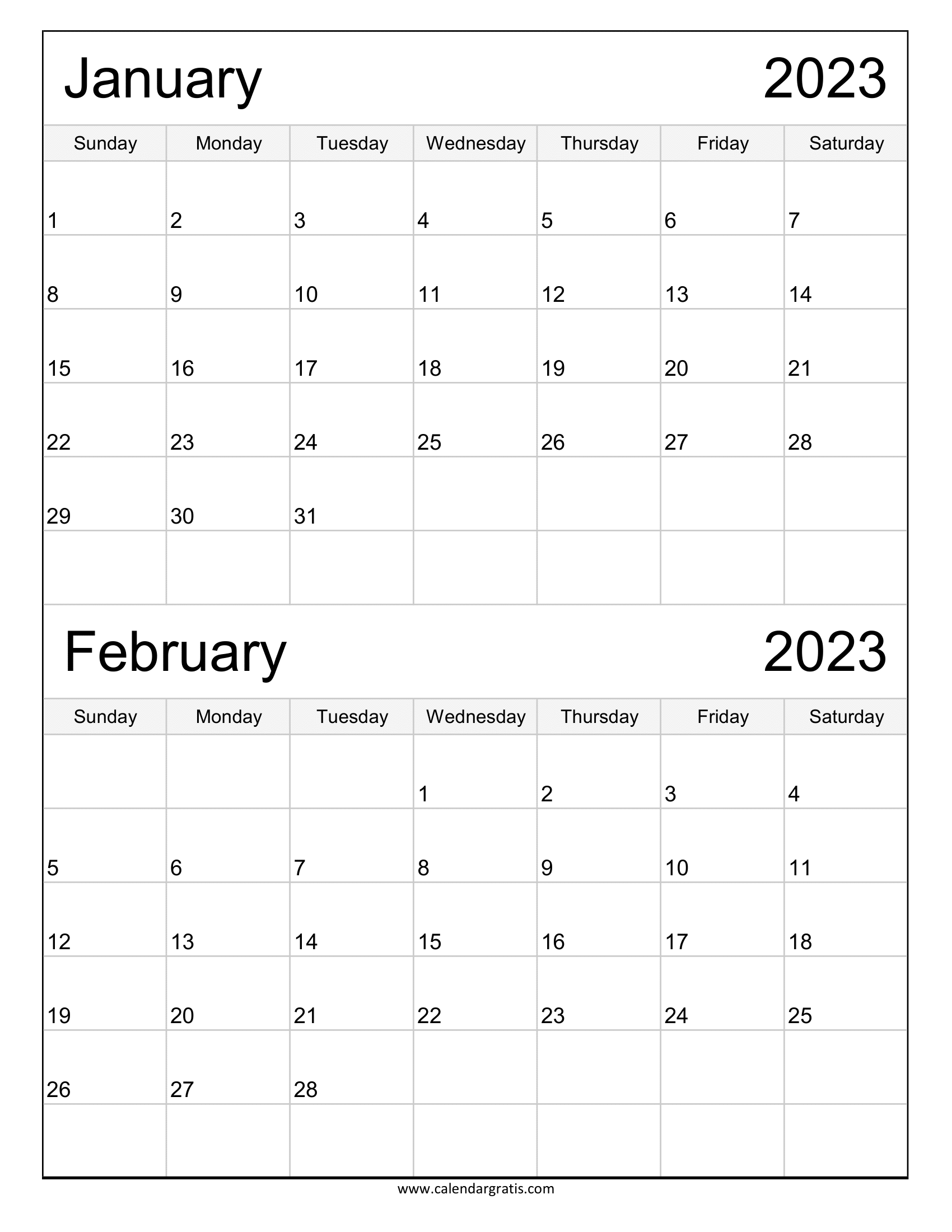 Two Month Printable Calendar January February 2023 in Portrait Layout.