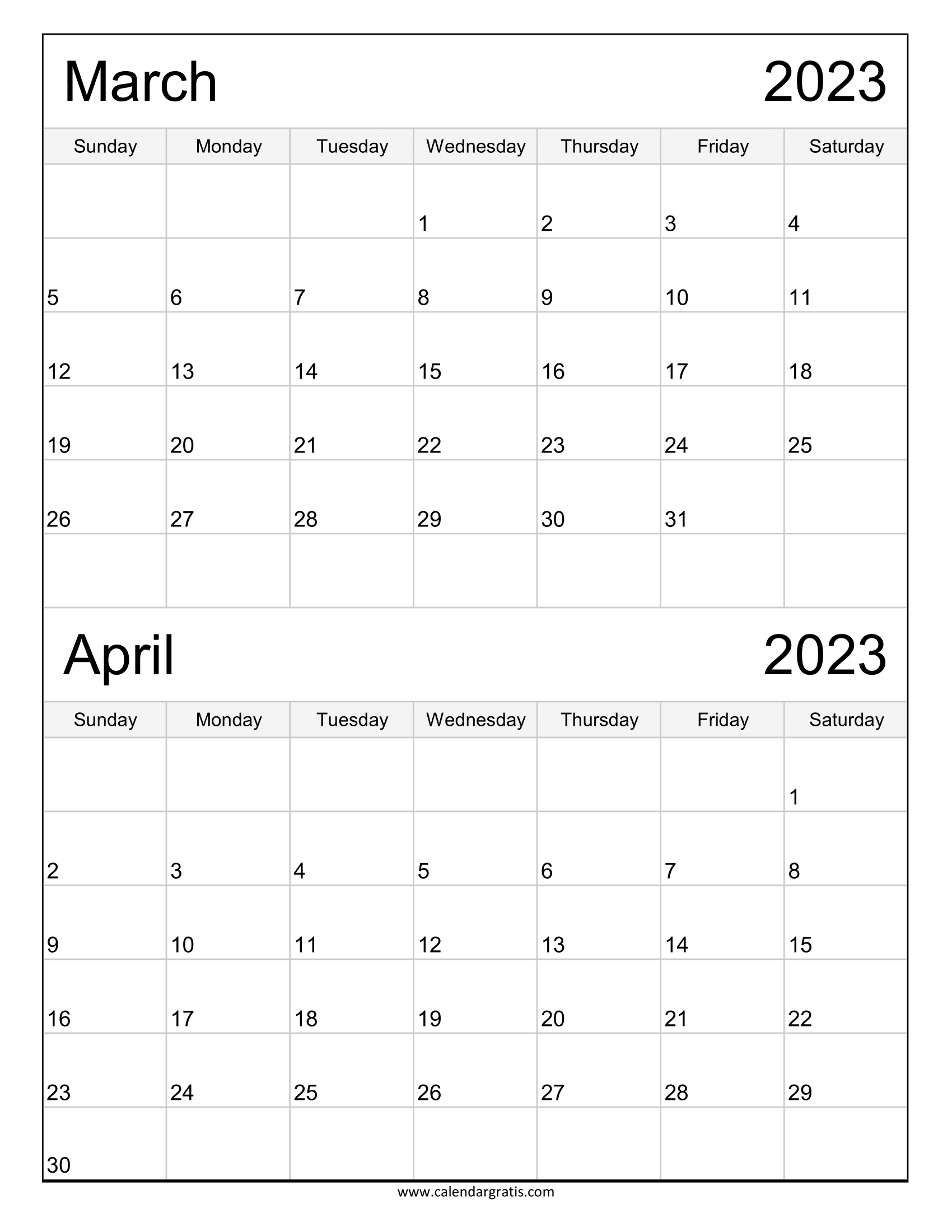 Two Month Printable Calendar March April 2023 in Portrait Layout, vertical format, simple design.
