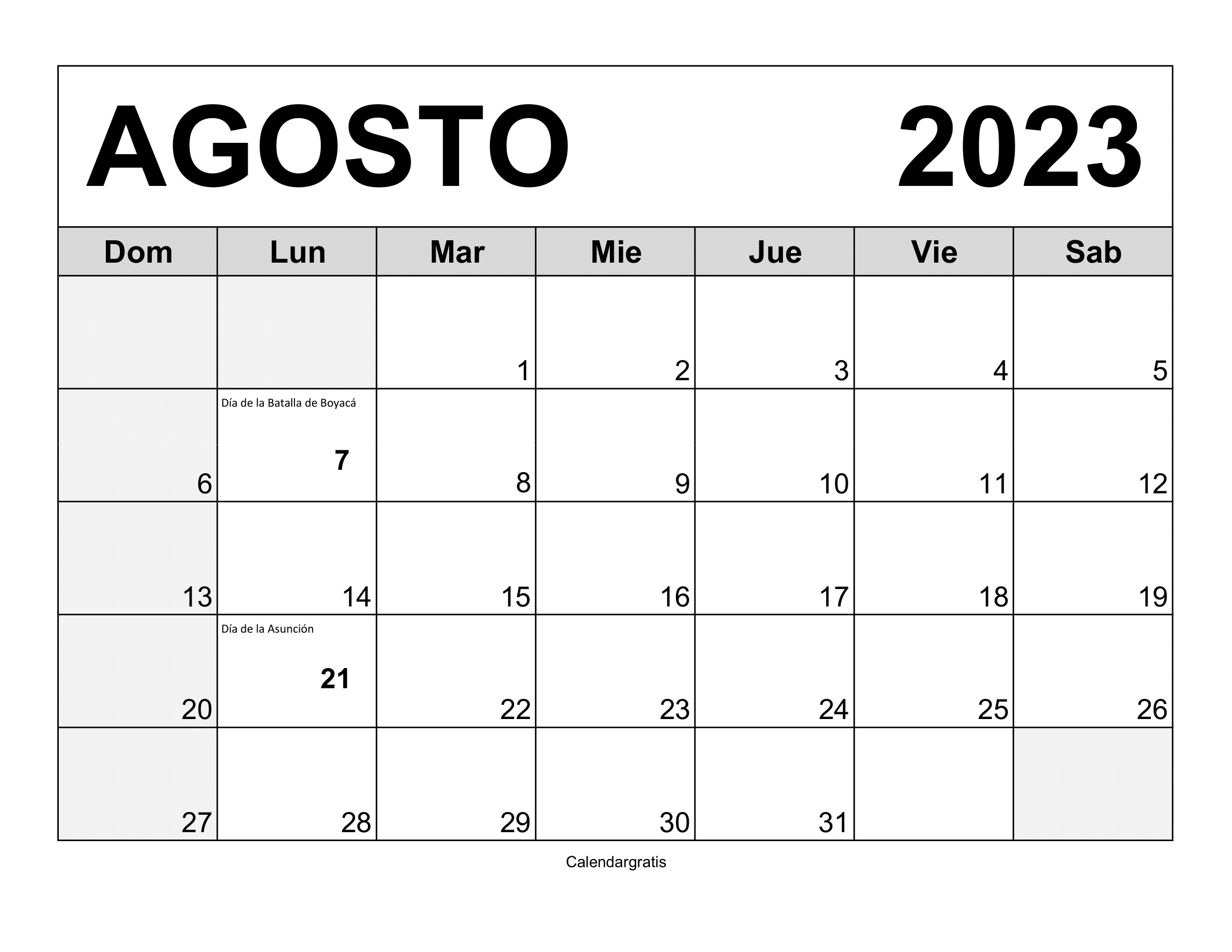 Calendario Agosto 2023 Con Festivos Colombia Descargar