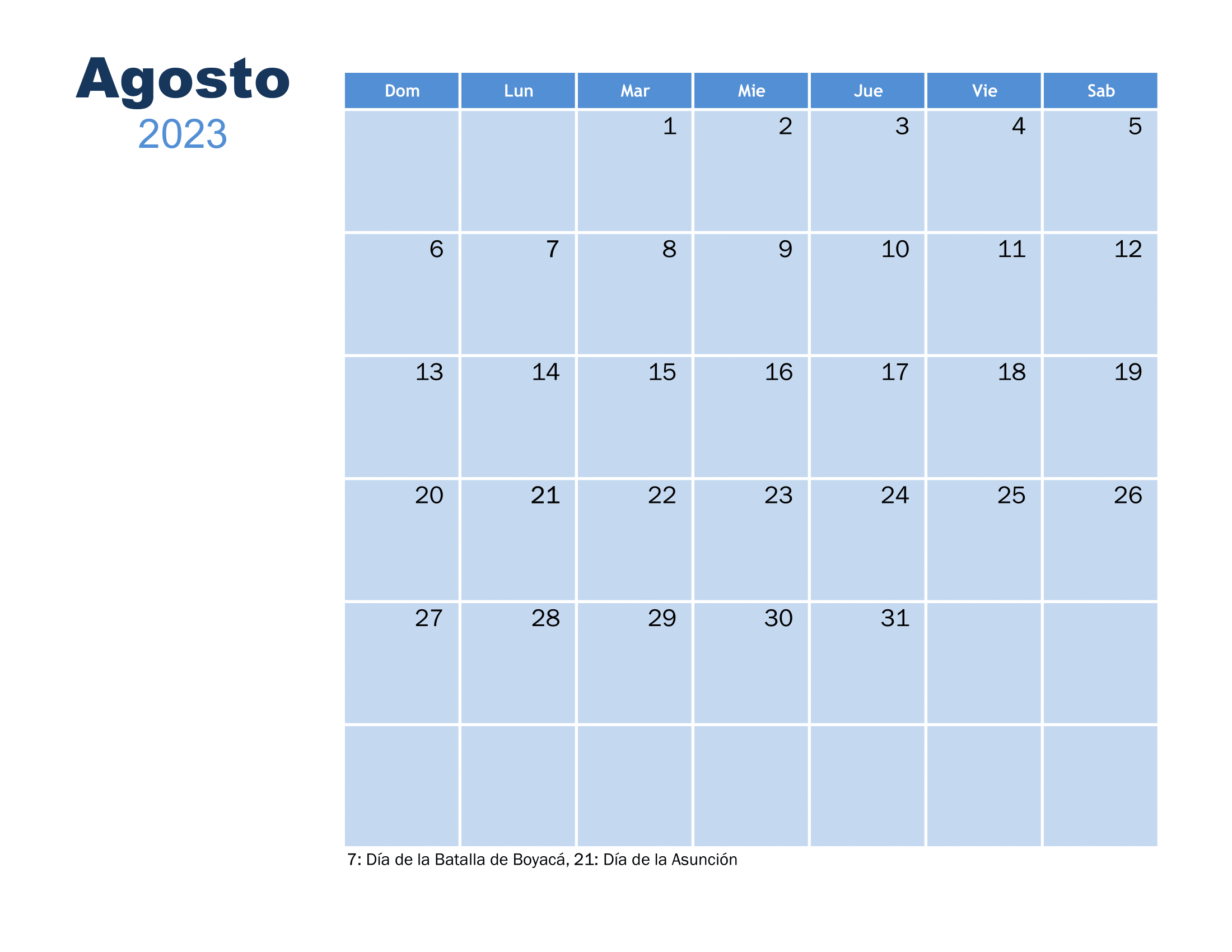 Calendario Agosto 2023 Con Festivos Colombia Gratis