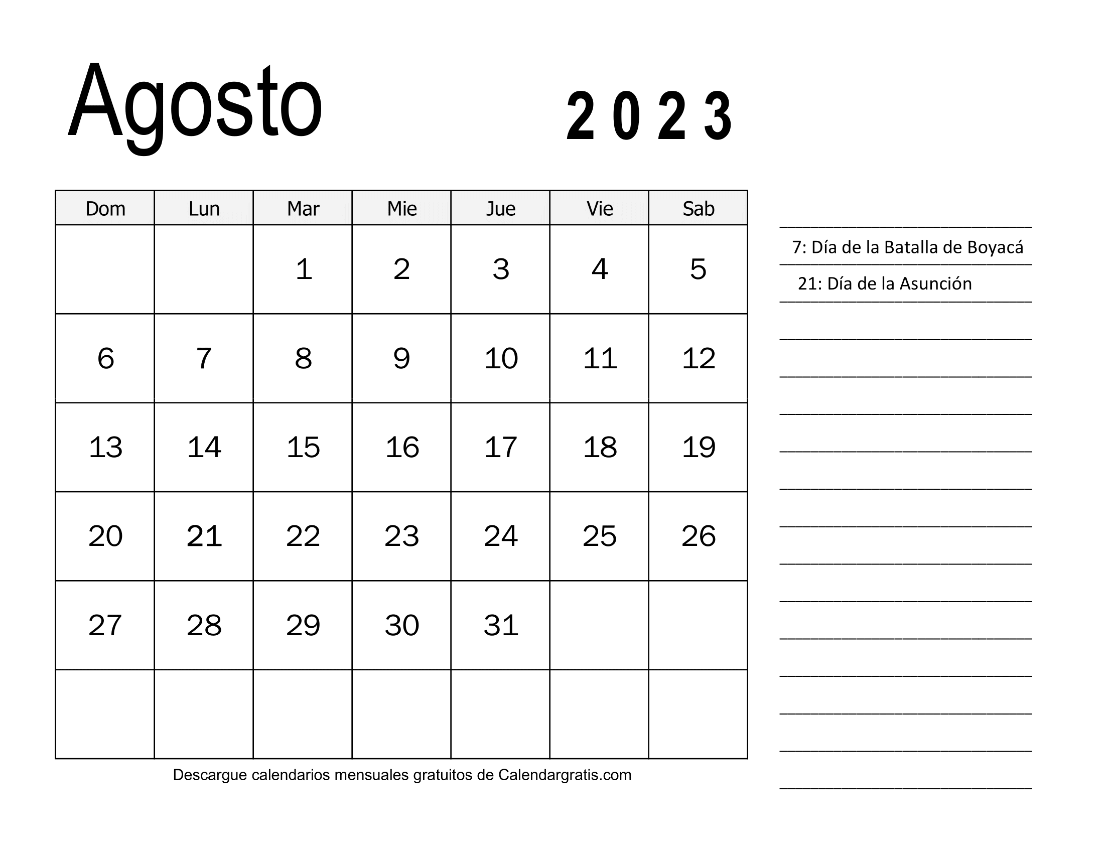 Calendario Agosto 2023 Con Festivos Colombia Para Imprimir