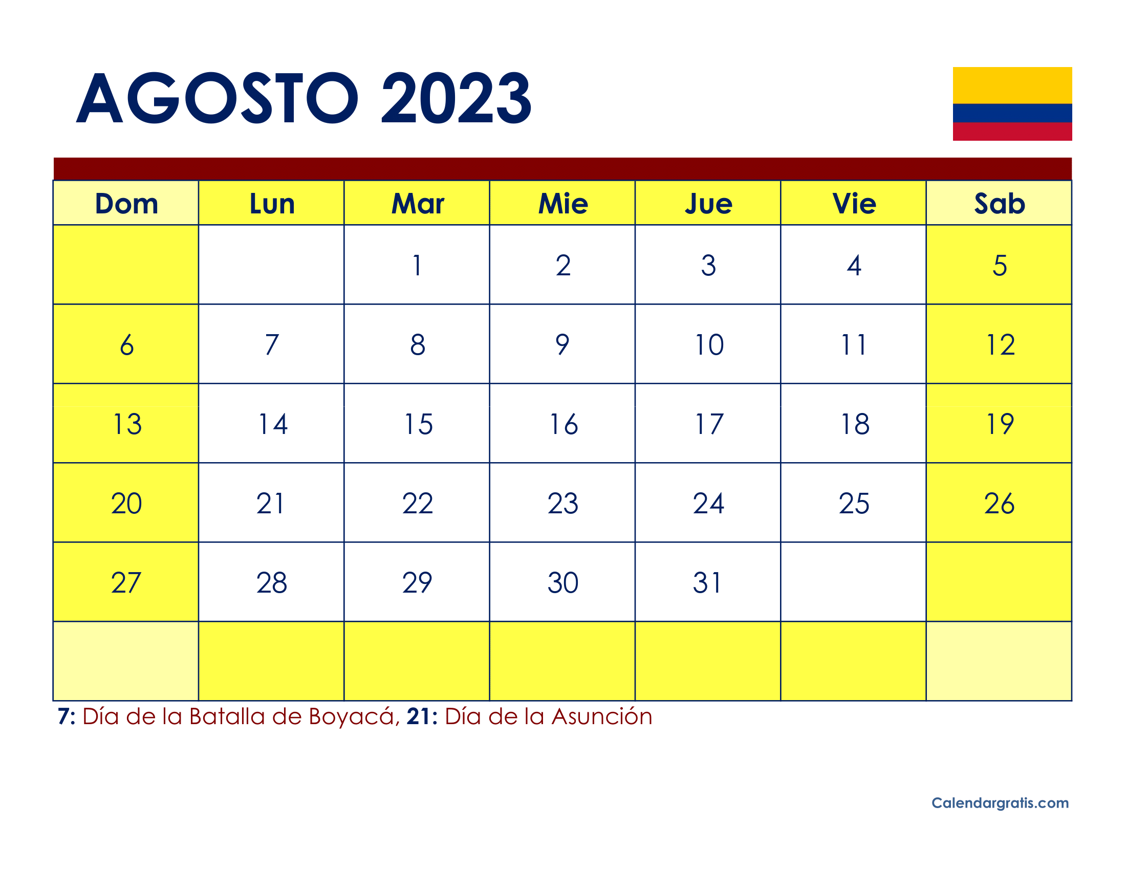 Calendario Agosto 2023 Con Festivos Colombia