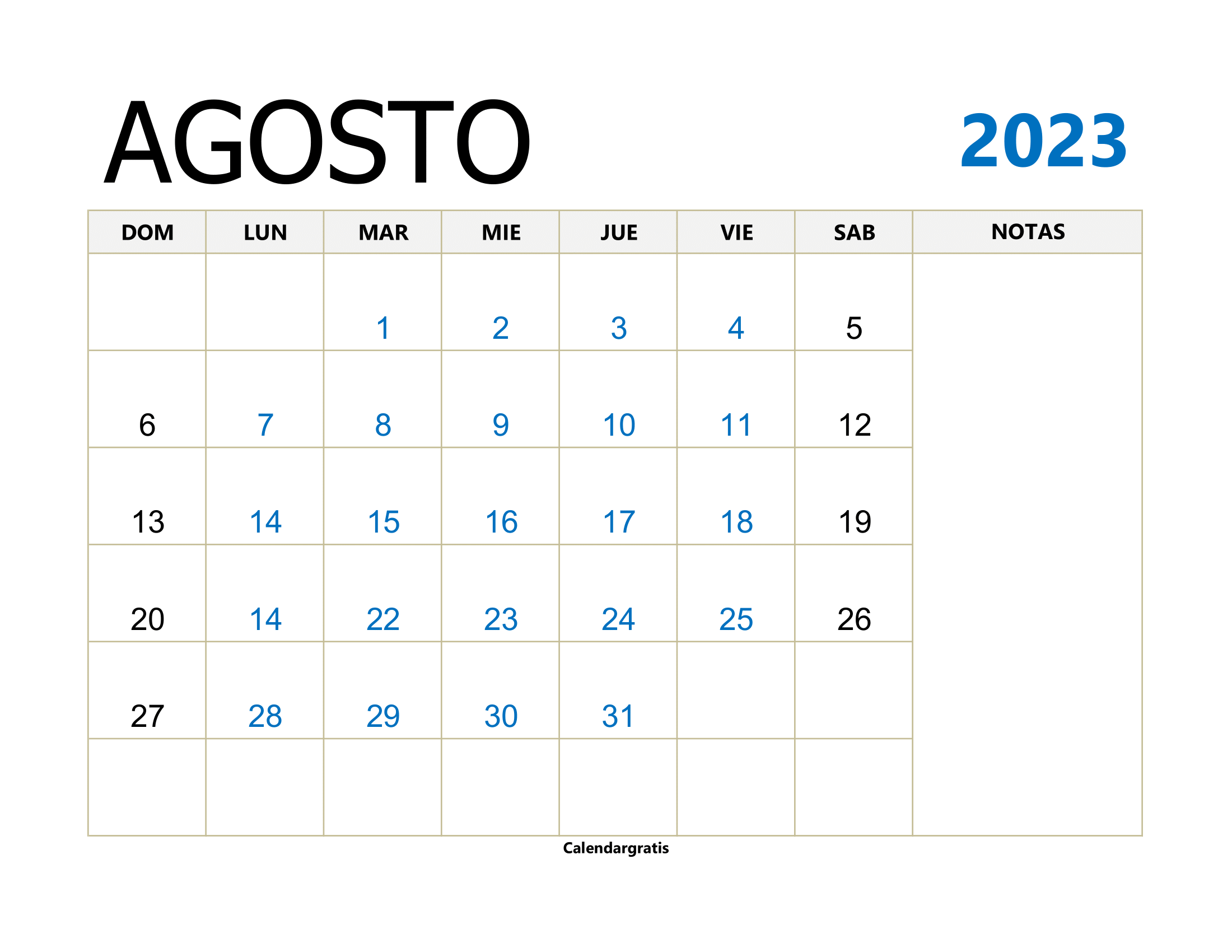 "Calendario Agosto 2023 Con Notas" - Una imagen de calendario que presenta el mes de agosto del año 2023, con espacio para notas y recordatorios.