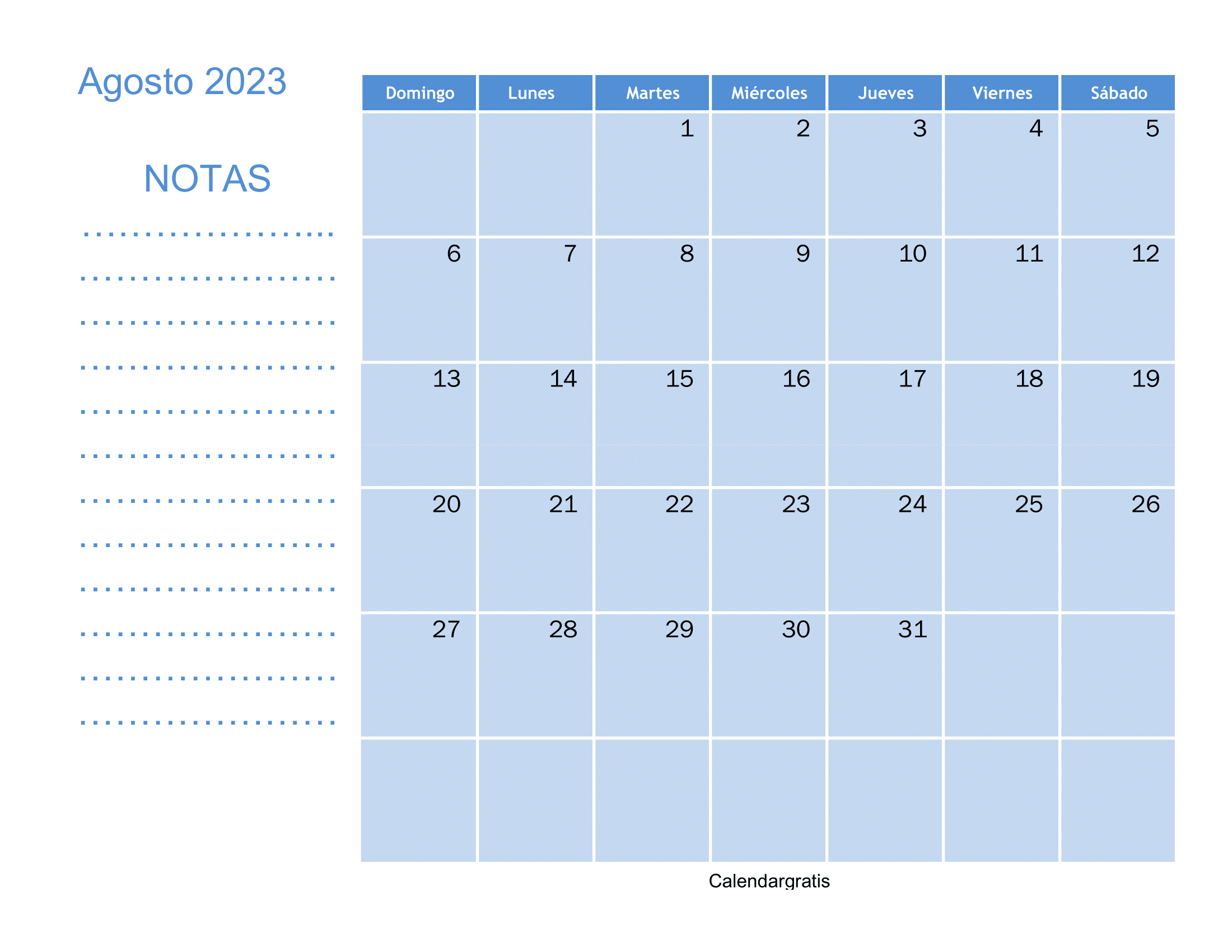 Calendario Agosto 2023 Con Notas Gratis