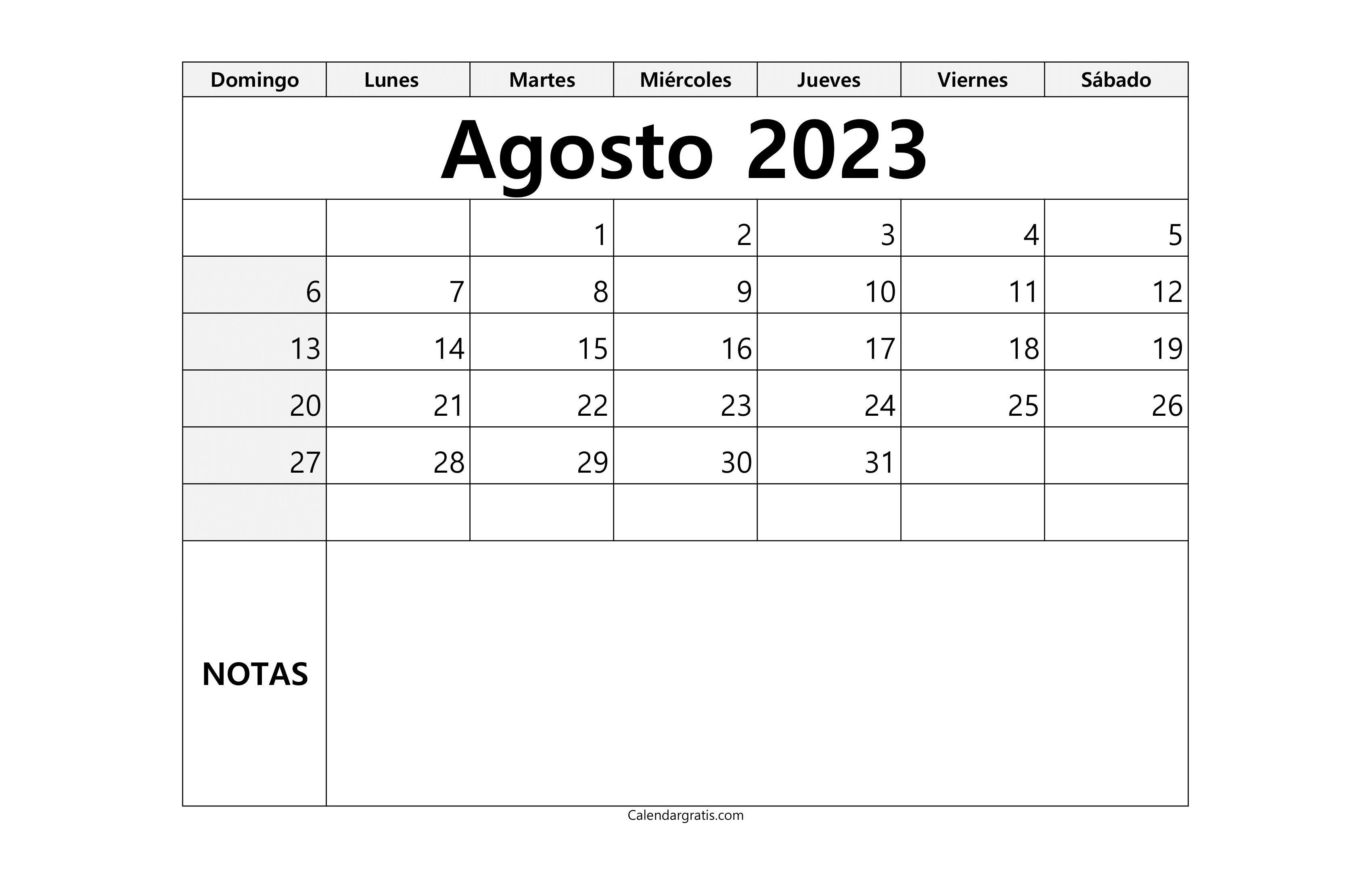 Calendario Agosto 2023 Con Notas Para Imrimir